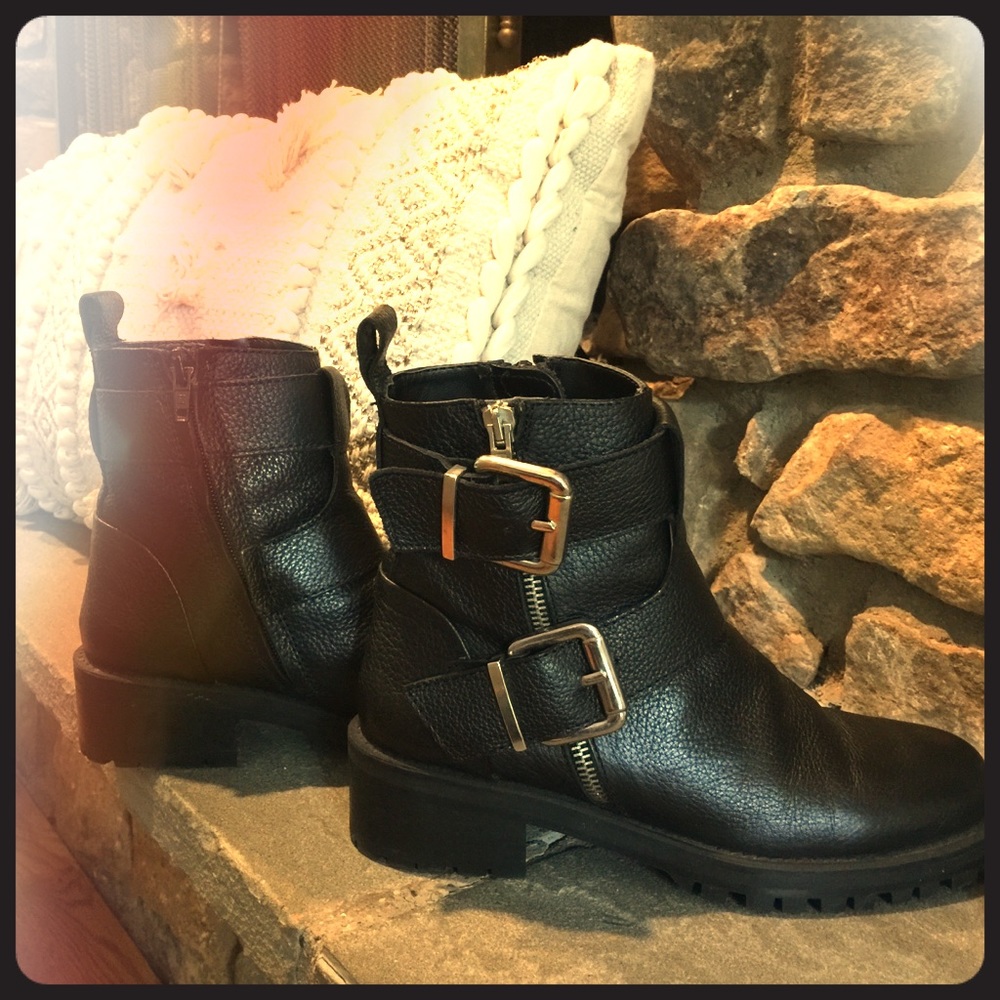 Zara Black Leather Ankle Boots with Gold Buckles